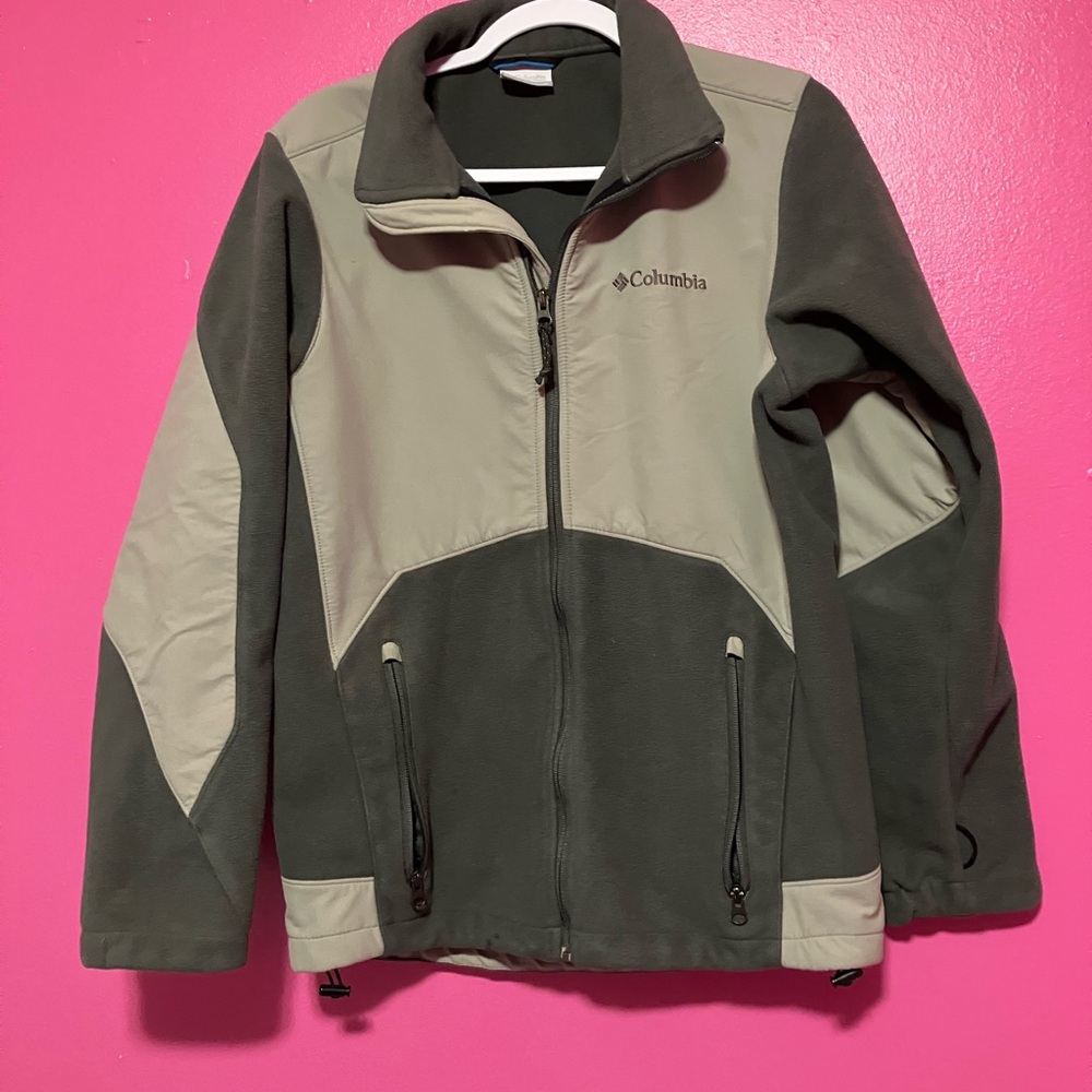 Columbia Grey and Tan Raincoat with High Collar.